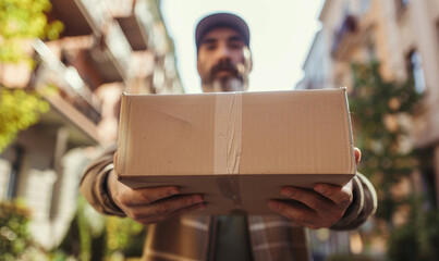 A delivery man holding out a cardboard box to a customer