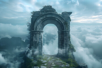 an ancient arched gate in the clouds, representing the historical and mystical atmosphere of ancient