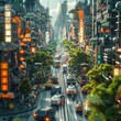 Capture a long shot of a bustling city street with futuristic nanotechnology devices subtly integrated into everyday objects and infrastructure, illustrating the seamless transformation of the urban l