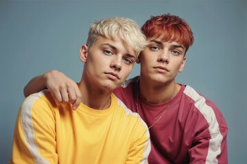 Portrait of two young men with colorful hairstyles