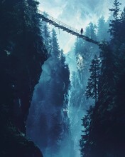 Design A Striking Image From A Low Angle Perspective, Featuring A Lone Hiker Crossing A Treacherous Rope Bridge Over A Deep Ravine The Design Should Convey The Essence Of Courage And Resilience, Refle