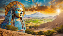A Mural Of The Egyptian God Geb, Personifying The Earth, In A Narrative About Soil Conservation, Against A Blurred Depiction Of Fertile Lands.