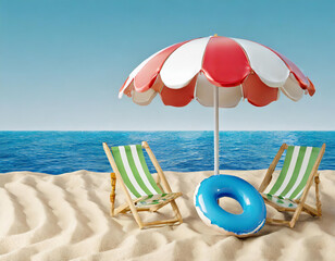 Wall Mural - Beach umbrella with chairs, inflatable ring on beach sand. summer vacation concept. 3d rendering