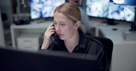 Canvas Print - Emergency, phone call and woman on computer for service, first responder and customer support. Telecommunication, surveillance office and person with telephone for security, helpline and contact