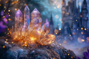 Wall Mural - a mystical cluster of crystal spheres and ethereal, fairy tale solids, set against a magical, enchan