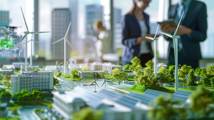 A team analyzing a digital display of an urban layout incorporating renewable energy