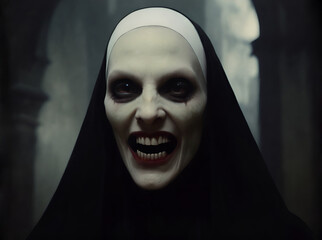 Spooky nun. Creepy religious sister laughing in the church