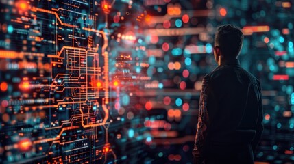 businessman looking analytic digital circuit graphic technology. ai generated image