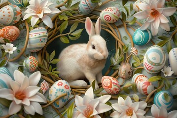 Easter bunny and Easter eggs in nest on green background.