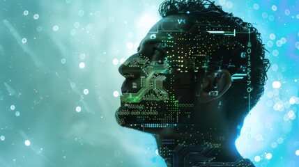 Poster - Humanoid head with circuit board of digital binary digit on blue background. AI generated image