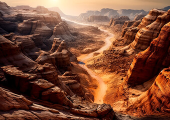 A desert landscape with a river running through it. The sun is setting, casting a warm glow over the scene. The rocks and sand create a sense of isolation and vastness