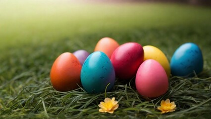 Sticker - easter eggs in grass , multi-colored easter eggs on green grass banner created with generative ai