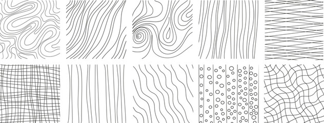 Wall Mural - Hand drawn line textures. Includes vector scribbles,grid with irregular, horizontal and wavy strokes,doodle patterns. Isolated Ink lines on a white background. Modern Illustration set of freehand grap