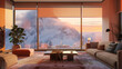 A tranquil living room with blinds opening to a snowy mountain peak, exterior in a soft peach. The HD image captures a peaceful retreat.