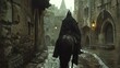 Knight riding a horse an old medieval city street.generated AI.