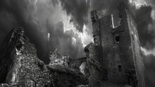 Ruin Of A Castle: Photograph The Remnants Of A Medieval Castle Or Fortress, With Crumbling Walls, Moss-covered Stones, And Empty Battlements. Generative AI