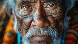 Fototapeta Londyn - Native polynesian man with tatoos on face, beautiful portrait, travel photo