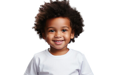 Poster - Portrait of a smiling African American little boy wearing white shirt, happy kid laughing, isolated on transparent background