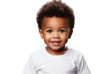 Poster - Portrait of a smiling little child wearing white shirt, happy kid laughing, isolated on transparent background