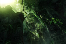 Stairs Leading To A Moss Covered Ruins Lost In A Jungle, Sunlight Piercing Through The Fog