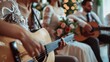 Close up photo serenade gathering best friends hang out vocal soloist play guitar fiance bride surprise romantic she her ladies he him his guys wear dress shirts formal wear sit sofa loft room indoors