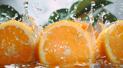 Wall Mural - Citrus background with a group of oranges in pure splash of water drops as a symbol of healthy eating and boosting the immune system with natural vitamins. close up