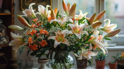 Preparing a bouquet of lilies and wildflowers for a Saint Joseph's Day home altar, with focus on the arrangement process