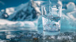A glass of pouring crystal mineral drinking aqua water on blurred nature, snow mountain landscape background. Organic pure fresh natural water. Healthy refreshing drink.