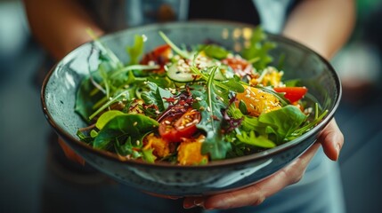 A person holding a bowl of salad with greens and tomatoes, AI