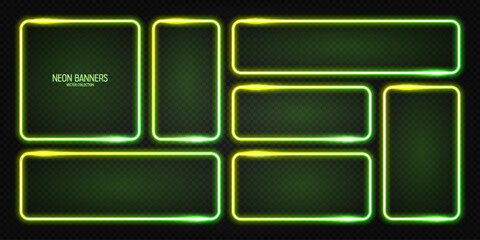 Wall Mural - glowing neon banners, illuminated colorful square frames. shiny vibrant border, glow effect. green v