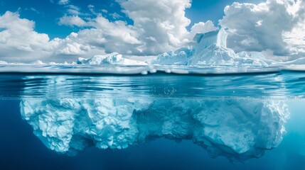 Wall Mural - A large iceberg floating in the water with clouds above, AI
