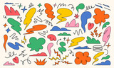 Fototapeta Dinusie - Set of hand drawn abstract funky shapes, clouds, speech bubble, arrows, sparkles. Vivid colourful design elements in flat style.