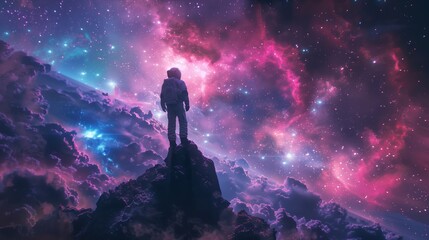 Wall Mural - cosmic explorer on celestial summit; lone astronaut stands atop a mountain, gazing into a vividly co