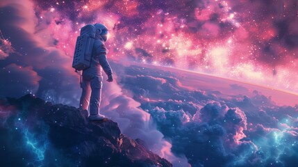 Wall Mural - astronaut overlooking distant galaxies from rocky peak: cosmic explorer stands on a mountain, gazing