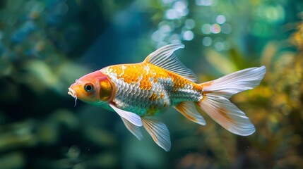 Wall Mural - A goldfish swimming in a tank with some plants and water, AI