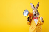 Fototapeta Kwiaty - Rabbit in yellow suit with megaphone having surprised expression. Shocked Easter bunny holding loudspeaker
