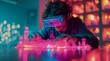 A man wearing virtual reality goggles is creating a 3D model of a city skyline using an advanced Technology, showcasing the excitement and wonder of virtual reality technology.