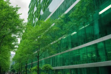 Glass business office building with trees in environmentally friendly city