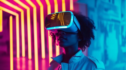  A woman with a trendy afro tries out VR glasses to dive into futuristic worlds lit up by neon lights.