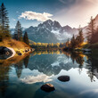 A serene mountain lake with reflections of surrounding environment