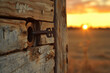 A rustic barn door ajar, with an old-fashioned key in the keyhole, showcasing a golden sunset behind it.