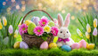 illustration d'un lapin blanc avec son noeud rose et à coté un panier en osier contenant des oeufs coloré et des fleurs posés sur l'herbe avec des fleurs de chaque coté sur un fond en effet bokeh