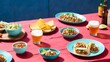 Mexican fiesta with tacos salsa  beer on a vibrant pink table against a blue background Generative AI