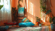 Boho-chic lounge, with a warm peach wall, turquoise floor pillow, and rustic ladder shelf adorned with hanging plants, bohemian tapestries, and a terracotta pot of succulents. 