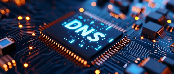 a close-up view with the acronym dns displayed on a microchip, representing the concept of domain na