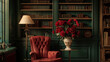 Classic Victorian reading room, with a deep forest green wall, claret red wingback chair, and dark oak bookshelves filled with leather-bound classics and a porcelain vase of deep red peonies. 