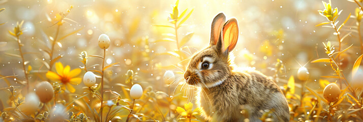 Wall Mural - Cute fluffy rabbit sitting on spring field with flowers and grass. Happy Easter. Cottagecore. Background, card, banner with copy space