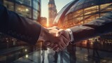 Fototapeta Londyn - Double exposure: successful business partnership meeting - businessmen handshake in london cityscape | business deal, collaboration, teamwork concept

