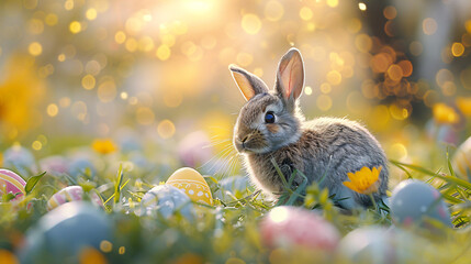 Wall Mural - Cute Easter rabbit with decorated eggs and flowers on spring sunny landscape. Little bunny in the meadow. Happy Easter greeting card, banner, border	