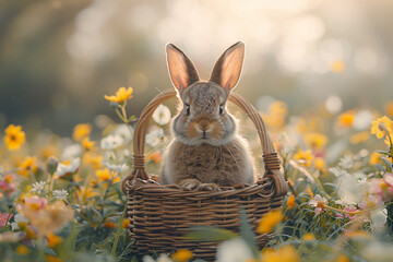 Wall Mural - Cute fluffy rabbit sitting in basket on spring field with flowers and grass. Happy Easter. Cottagecore. Background, card, banner with copy space